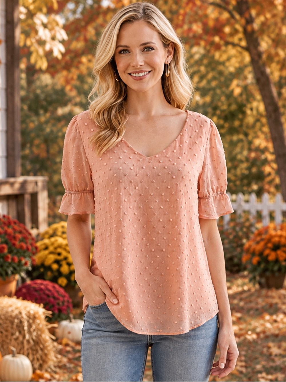 Peach Swiss Dot Blouse Puff Sleeve Top